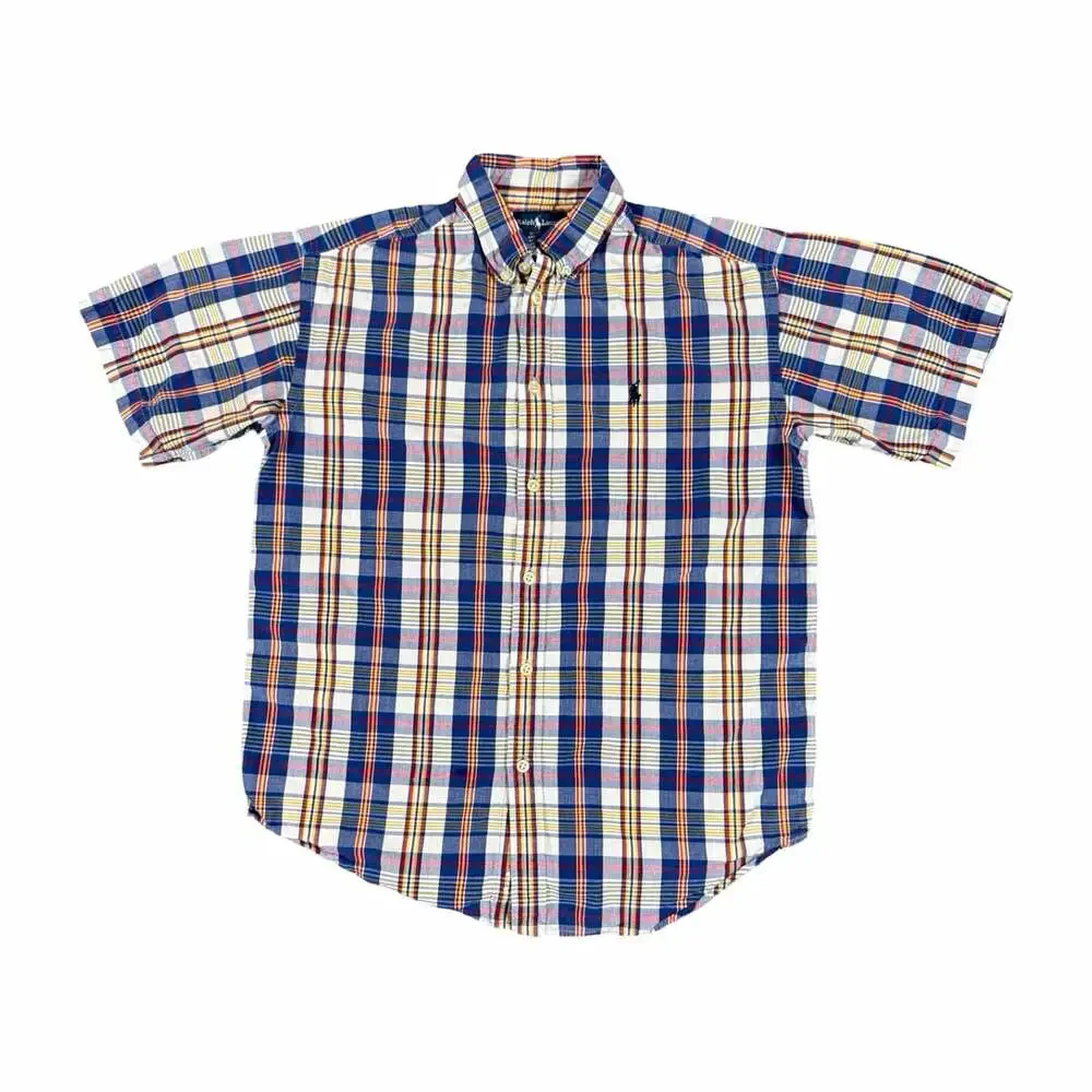 Ralph Lauren Boys L Plaid Button-Down Collared Shirt Short Sleeve Cotton Blue